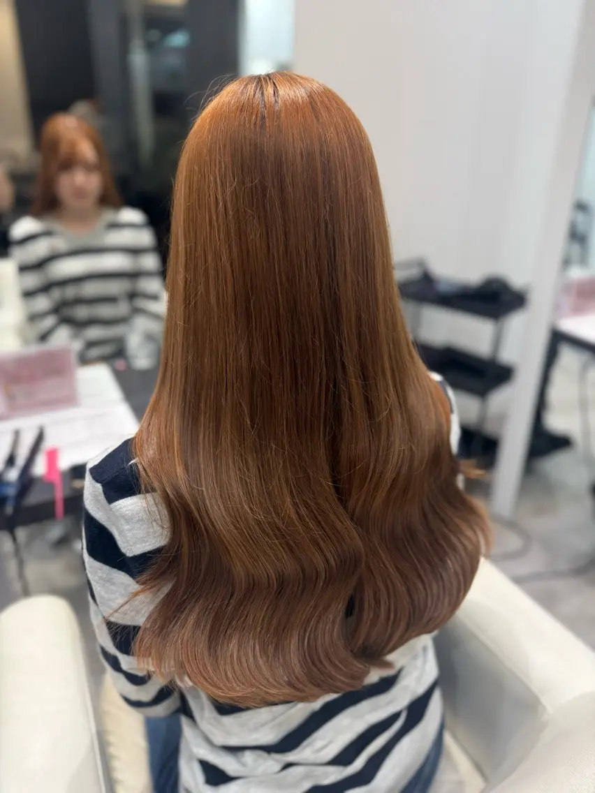 ロング カラー ブラウンカラー オレンジ オレンジブラウン ヘアカラー 渋谷髪質改善/縮毛 矯正/かすが🪽🫧のヘアスタイル