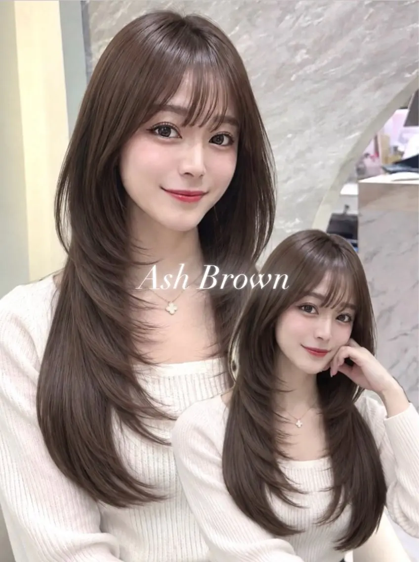 セミロング カラー ヘアアレンジ アッシュ アッシュブラウン 黒髪 ブルーカラー ブルーブラック カット ヘアカラー 🖤kana韓国ヘア 艶髪カラー特化🖤のヘアスタイル