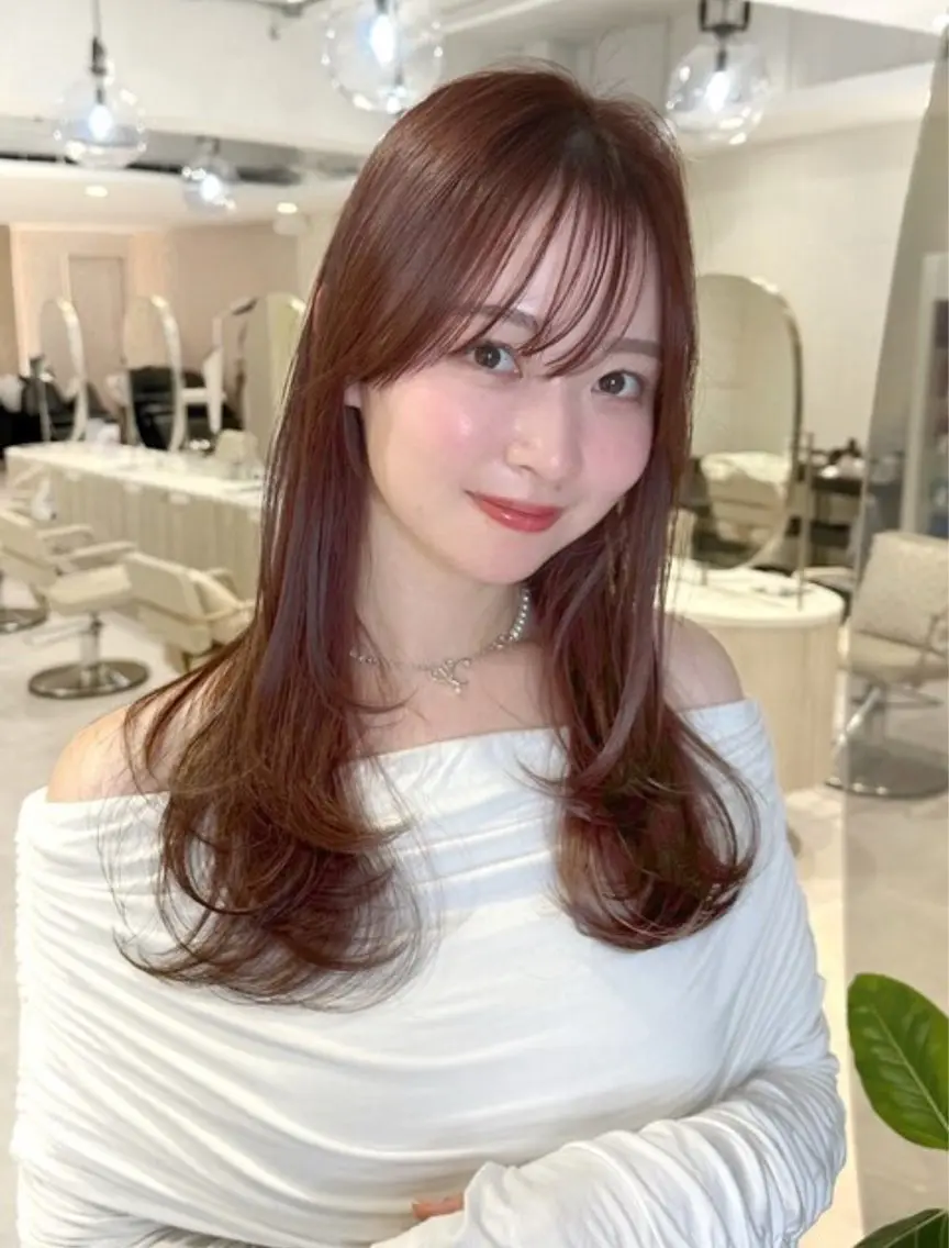 ロング カラー ベージュカラー 透明感カラー ピンクカラー ピンクベージュ くびれヘア カット カット無料｜レイヤー カット｜韓国モテへアのヘアスタイル