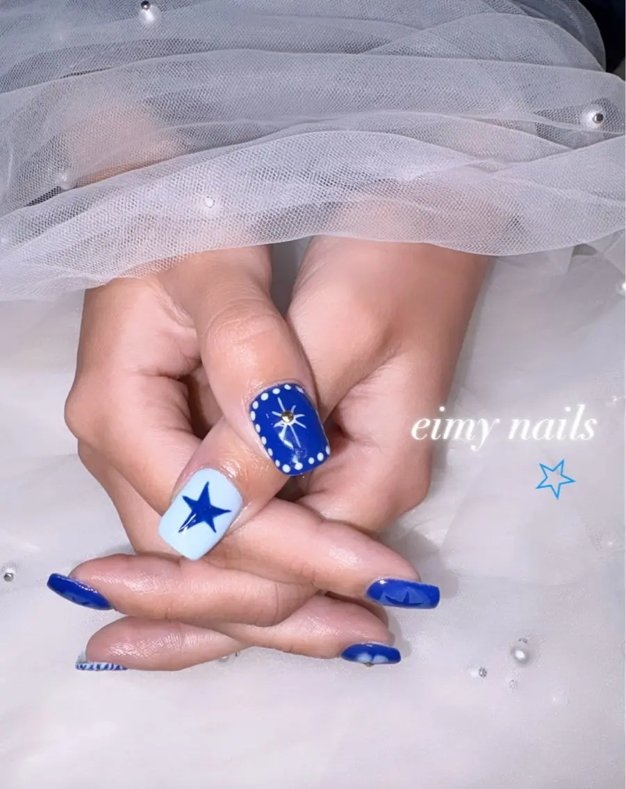 ネイル アニマル柄 アートネイル ドット フレンチネイル 水色 ハンドネイル eimy nails♡のネイルデザイン