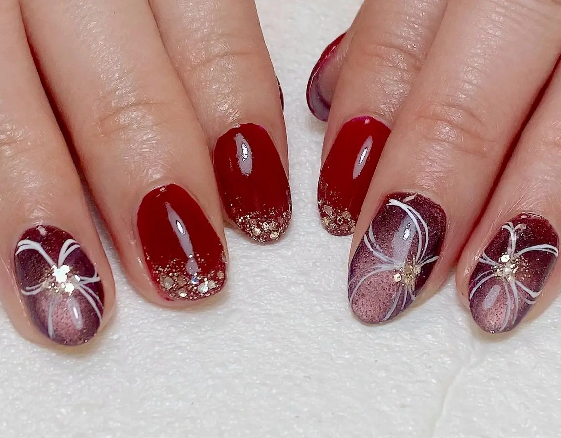 ネイル ボルドー 成人式 フラッシュネイル フラッシュマグ グラデーション ハンドネイル Nail Salon K 🧸美爪育成のネイルデザイン
