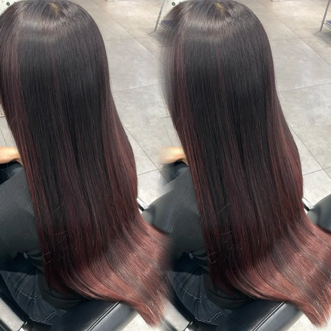 ロング カラー パーマ ボルドーカラー インナーカラー レッドカラー 髪質改善 縮毛矯正 ヘアカラー 縮毛矯正 大智/ハイライト バレイヤージュのヘアスタイル