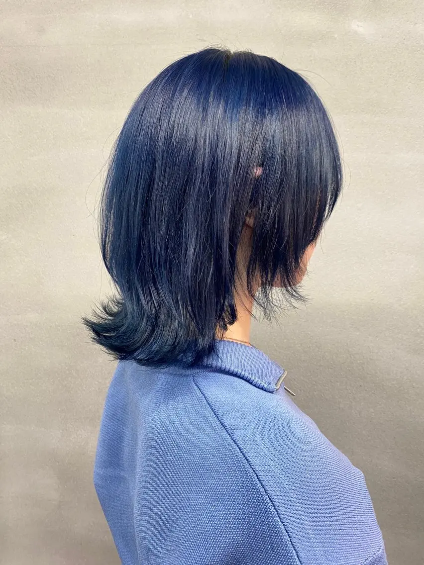 ミディアム カラー ミディアムレイヤー 黒髪 ブリーチ ブルーカラー ブルーブラック ヘアカラー トリートメント 柏 デザインカラー/ レイヤー🐣シオリのヘアスタイル