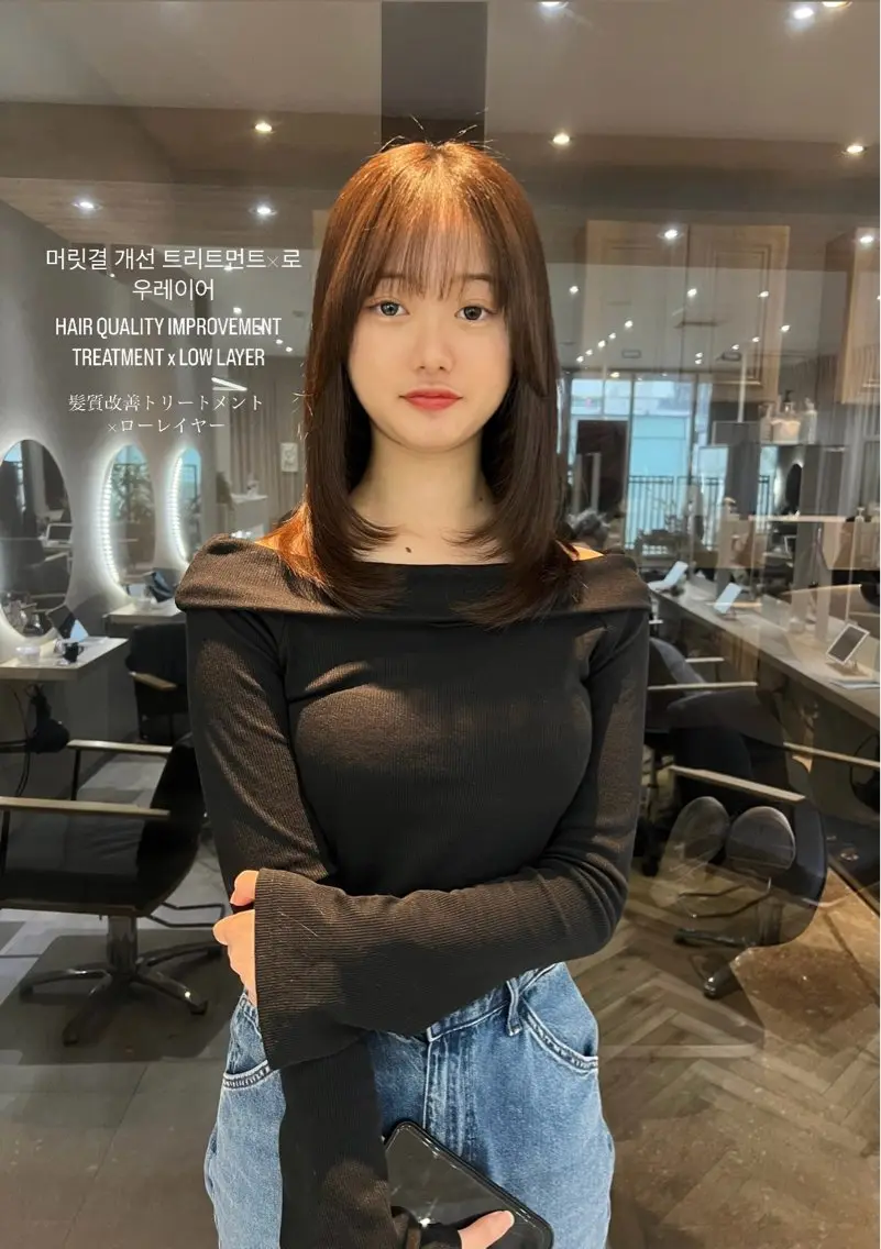 セミロング ミストバング 顔まわりレイヤー 顔周りカット 髪質改善 韓国風ヘア カット ヘアカラー トリートメント 韓国🇰🇷レイヤー 映える顔周り🩷のヘアスタイル