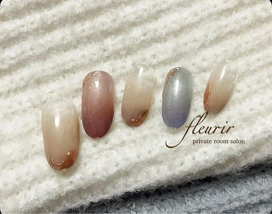 ネイル アートネイル ブルー クリアネイル ゴールド グラデーション フルリール 【プライベートサロンのネイルデザイン