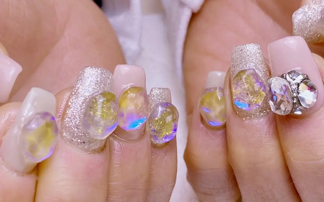 ネイル 長さ出し フラッシュネイル 氷ネイル・うるうるネイル 持ち込み ピンク ハンドネイル Nail Salon K 🧸美爪育成のネイルデザイン