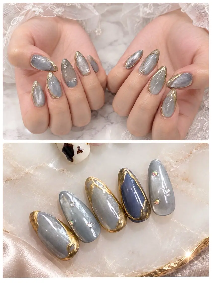 ネイル ゴールド ラメ(グリッター) マグネットネイル ニュアンスネイル シルバー ハンドネイル ハンドケア Mamo nail ﾏﾓﾈｲﾙｴｲﾐｰのネイルデザイン