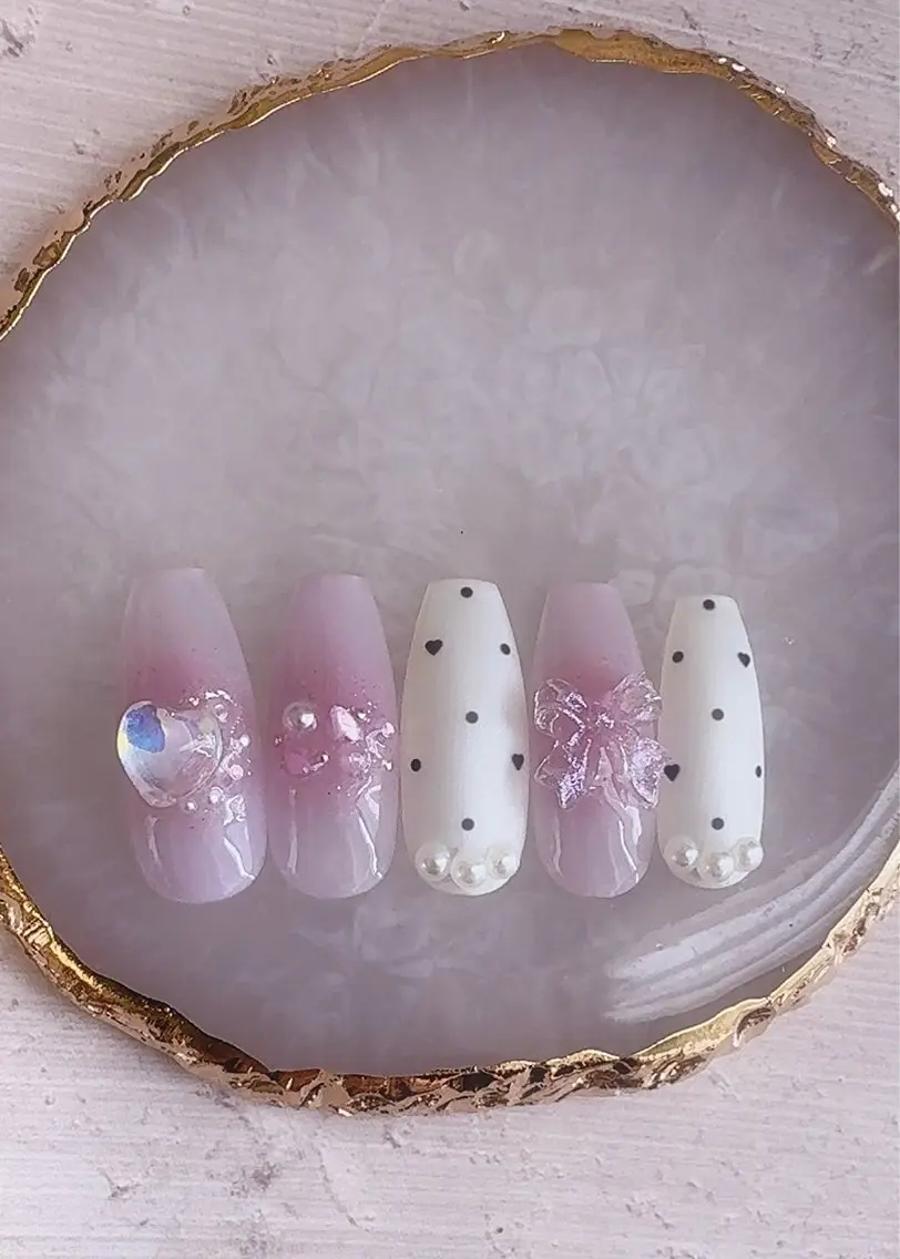 ネイル ガーリー 韓国ネイル ロングネイル リボン ネイルチップ ハンドネイル Monica nails/福島のネイルデザイン