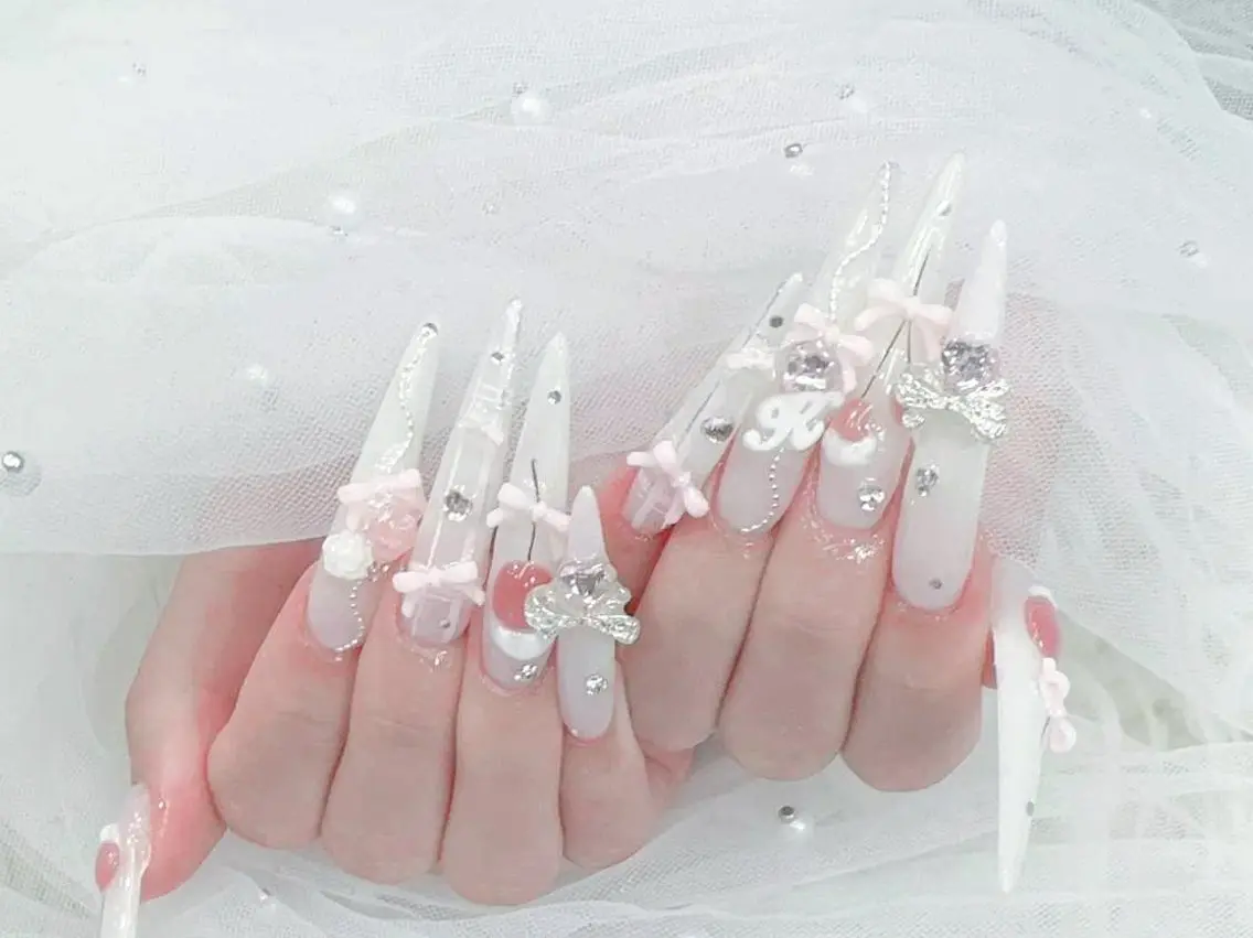 ネイル 成人式 マグネットネイル 大理石ネイル(マーブル) リボン 夏ネイル ハンドネイル MoMoA Nail ネイル長さ出し専門店のネイルデザイン