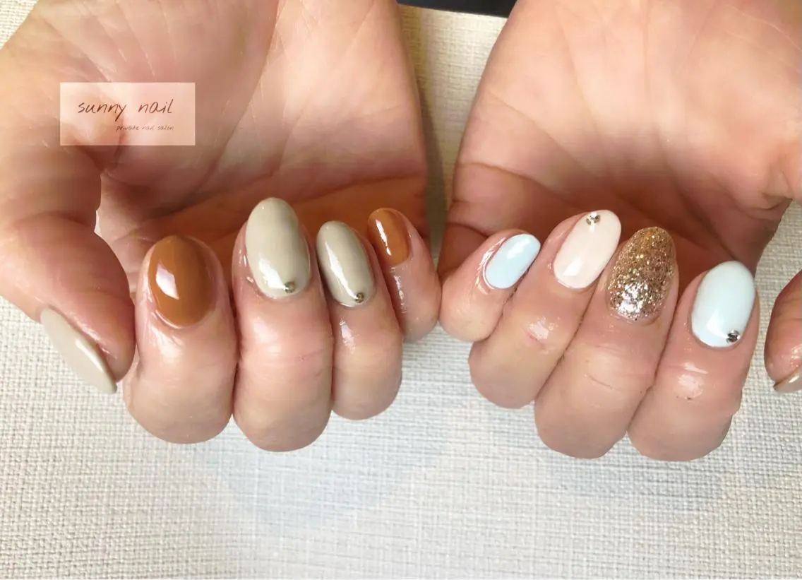 ネイル ブラウン カジュアル ジェルネイル 水色 ニュアンスネイル sunny nailのネイルデザイン