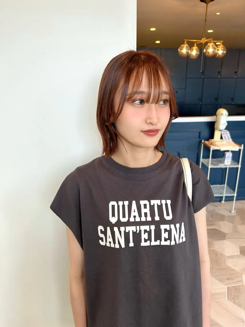 ミディアム カラー ブラウンカラー オレンジ オレンジブラウン ボブ カット ヘアカラー トリートメント 田島 仁美のヘアスタイル