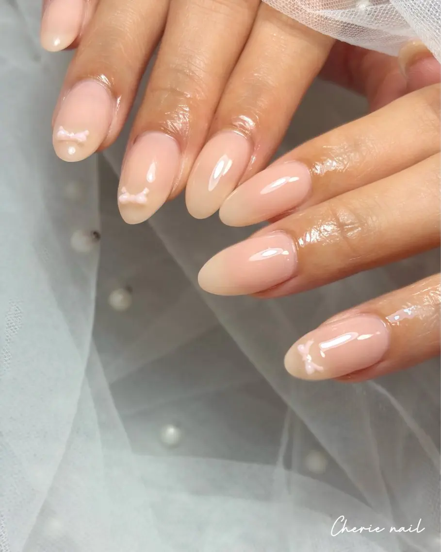 ネイル ジェルネイル ワンカラーネイル ピンク ピンクベージュ リボン ハンドネイル Cherienail yunaのネイルデザイン