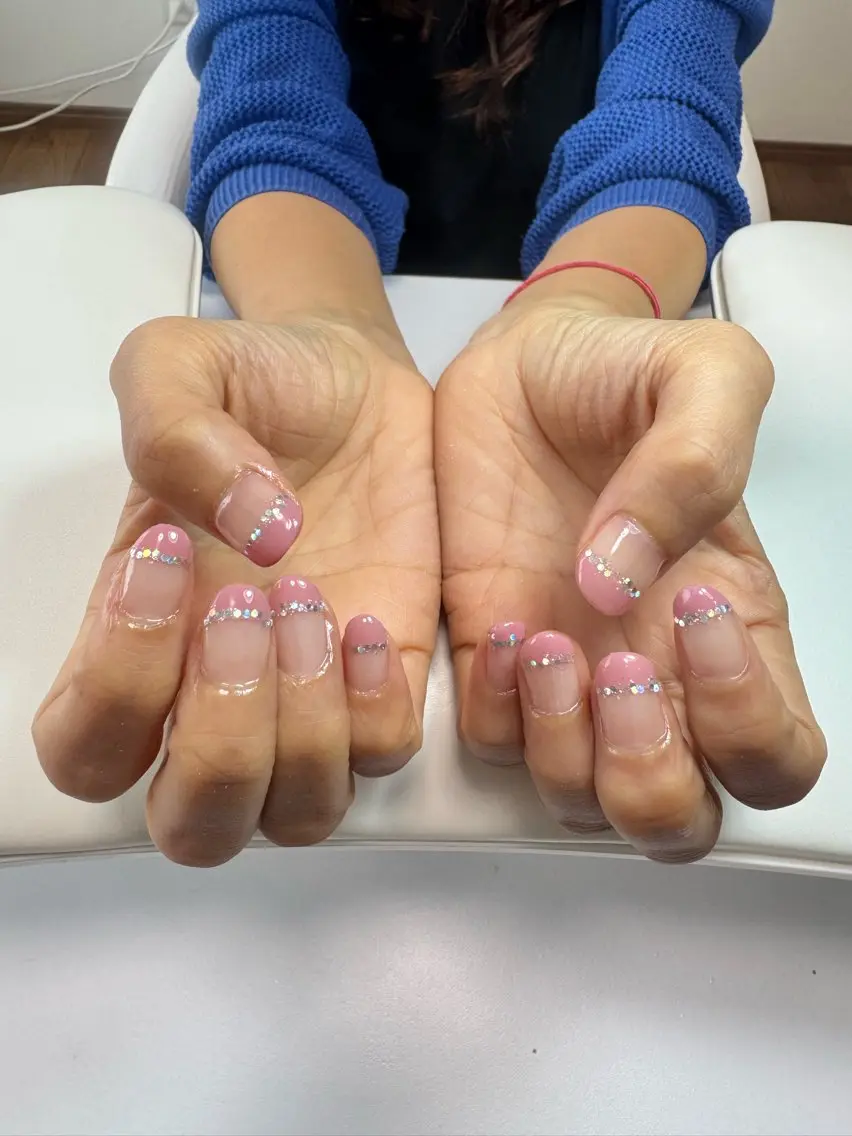 ネイル フレンチネイル キラキラネイル オフィスネイル ピンク シンプルネイル ハンドネイル moharanail wakanaのネイルデザイン