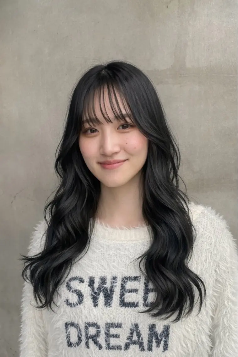 ロング カット ヘアカラー 韓国風レイヤー× くびれヘア艶髪のヘアスタイル