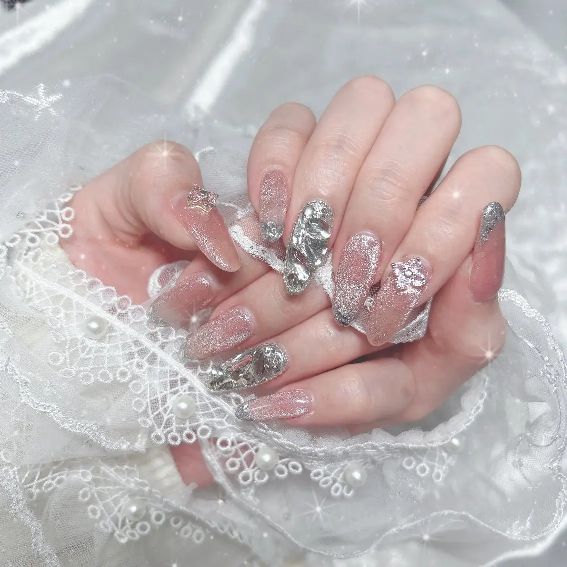 ネイル フレンチネイル ガラスフレンチ マグネットネイル ピンク Best Nail Yu🎀🫧のネイルデザイン