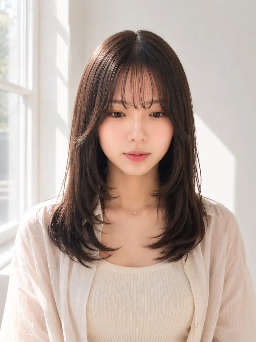 ミディアム 顔まわりレイヤー レイヤーカット 小顔カット カット ヘアカラー トリートメント レイヤー/顔まわり/ 南草津/ゴトウのヘアスタイル