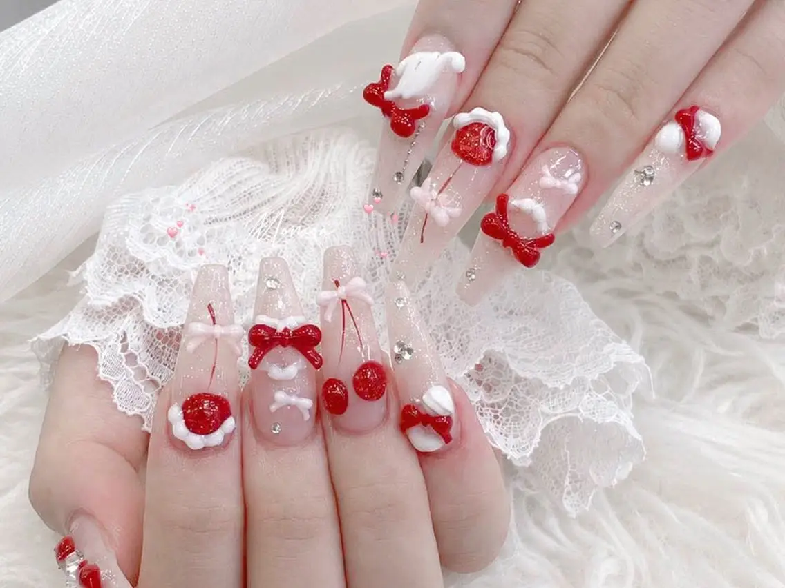 ネイル 成人式 大理石ネイル(マーブル) リボン 夏ネイル ネイルチップ ハンドネイル MoMoA Nail ネイル長さ出し専門店のネイルデザイン
