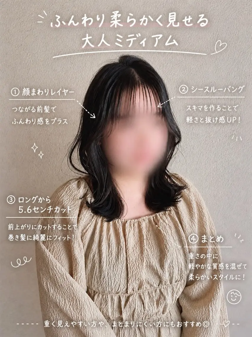 ミディアム 顔まわりレイヤー レイヤーカット シースルーバング カット ヘアカラー ひたち野うしく 古田　捷人のヘアスタイル