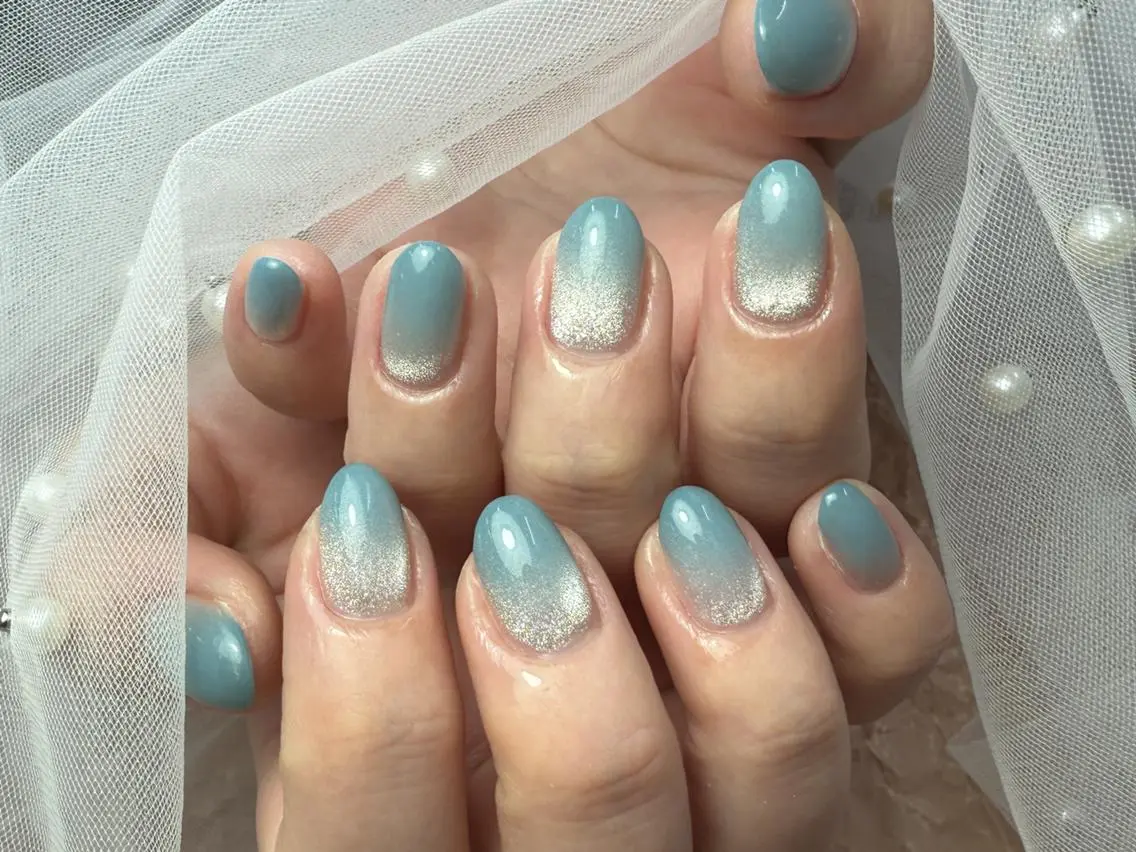 ネイル ブルー クリアネイル グラデーション グリーン ラメ(グリッター) ハンドネイル ハンドケア ToliyDeliy Nail Salonのネイルデザイン