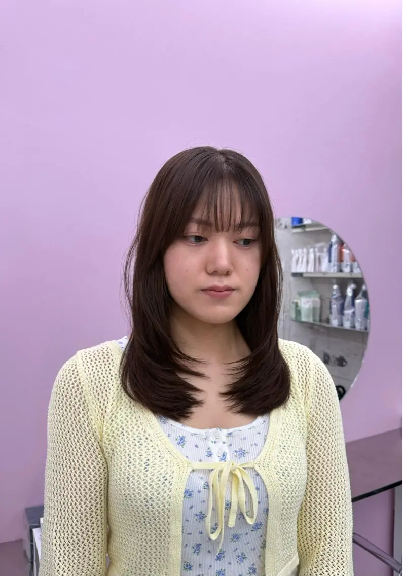 ミディアム レイヤーカット ローレイヤー カット 縮毛矯正 トリートメント 髪質改善×ブリーチ なしカラー/桃愛のヘアスタイル