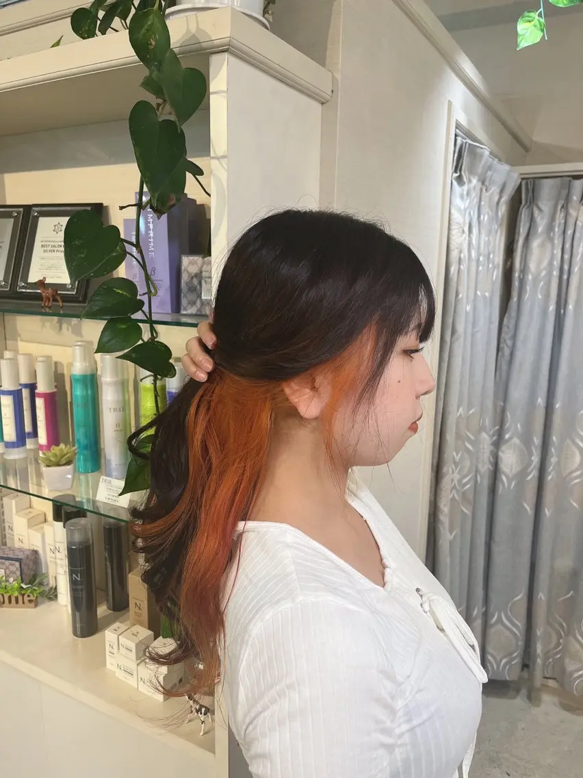 ロング カラー インナーカラー オレンジ ヘアカラー カラー職人 なかもと たつひろのヘアスタイル