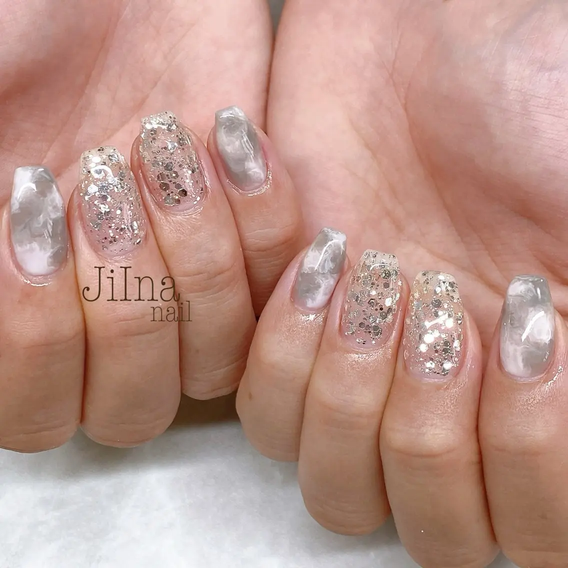 ネイル ラメ(グリッター) 大理石ネイル(マーブル) JiIna nailのネイルデザイン