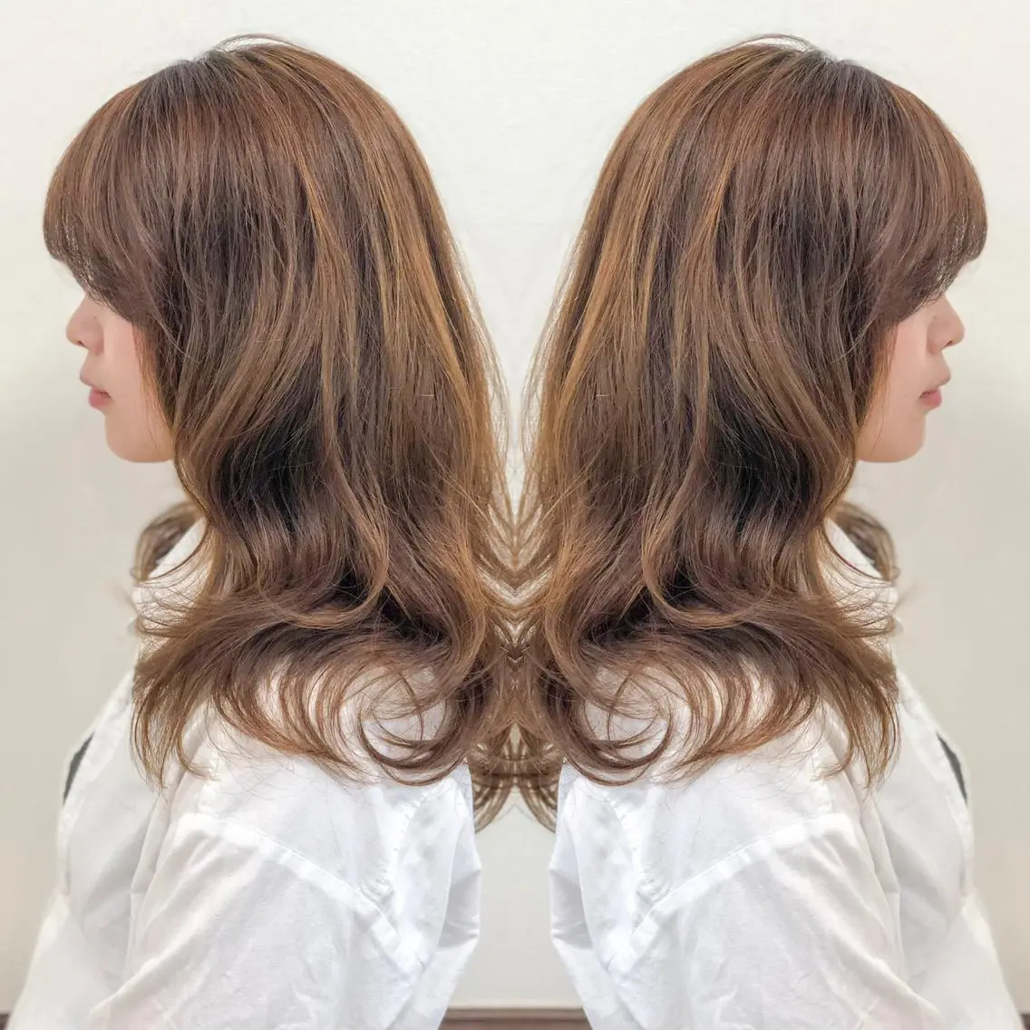 ミディアム 顔周りカット ハイライト 小顔カット カット トリートメント カセヤ リョウのヘアスタイル