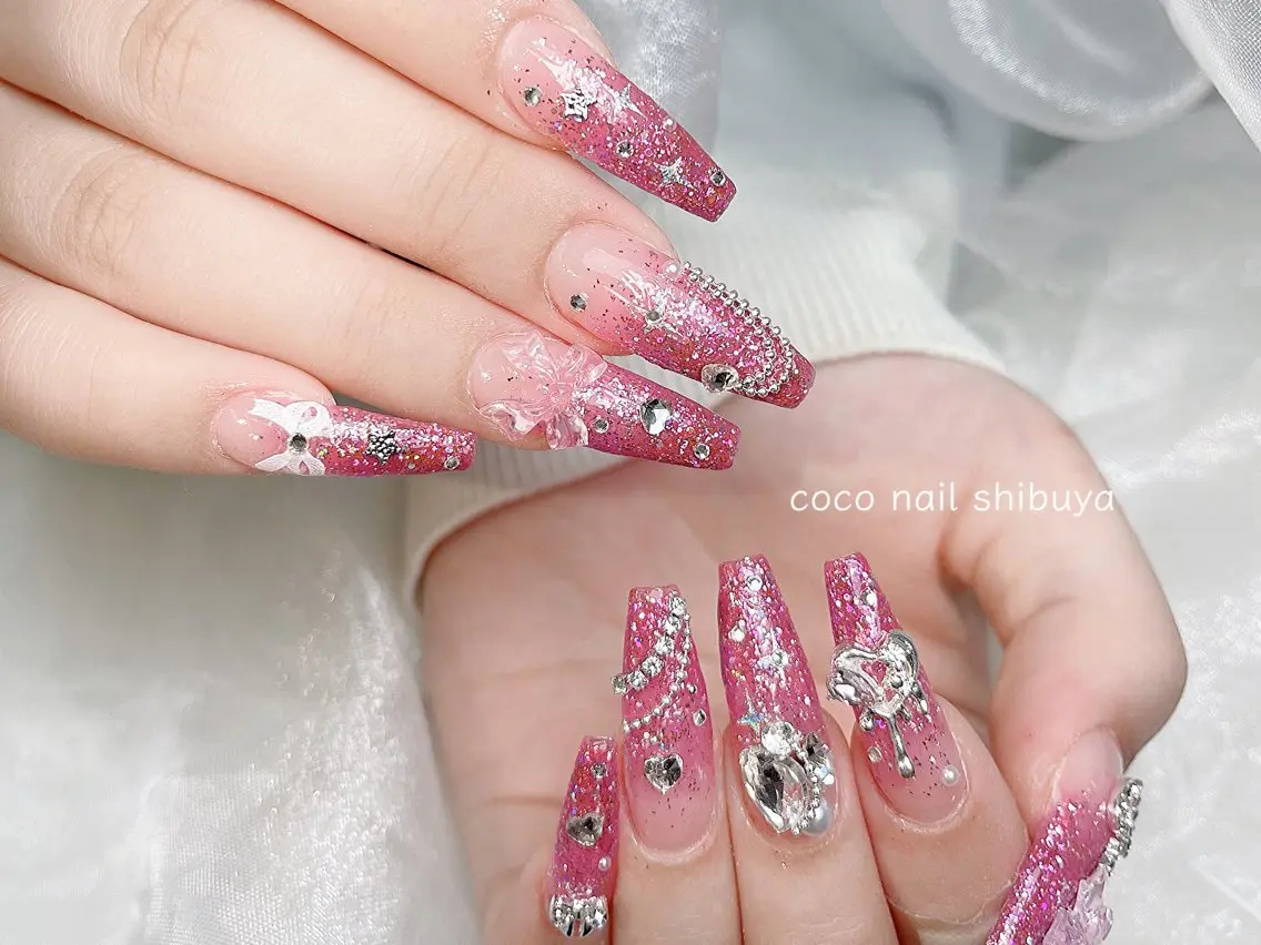 ネイル 成人式 大理石ネイル(マーブル) リボン 夏ネイル ネイルチップ ハンドネイル CoCo Nail 長さ出し専門店のネイルデザイン
