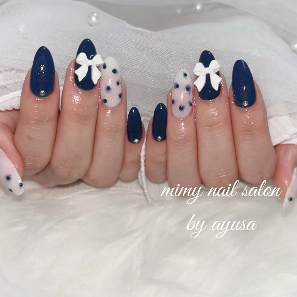 ネイル ネイビー リボン ハンドネイル mimy ayusaのネイルデザイン