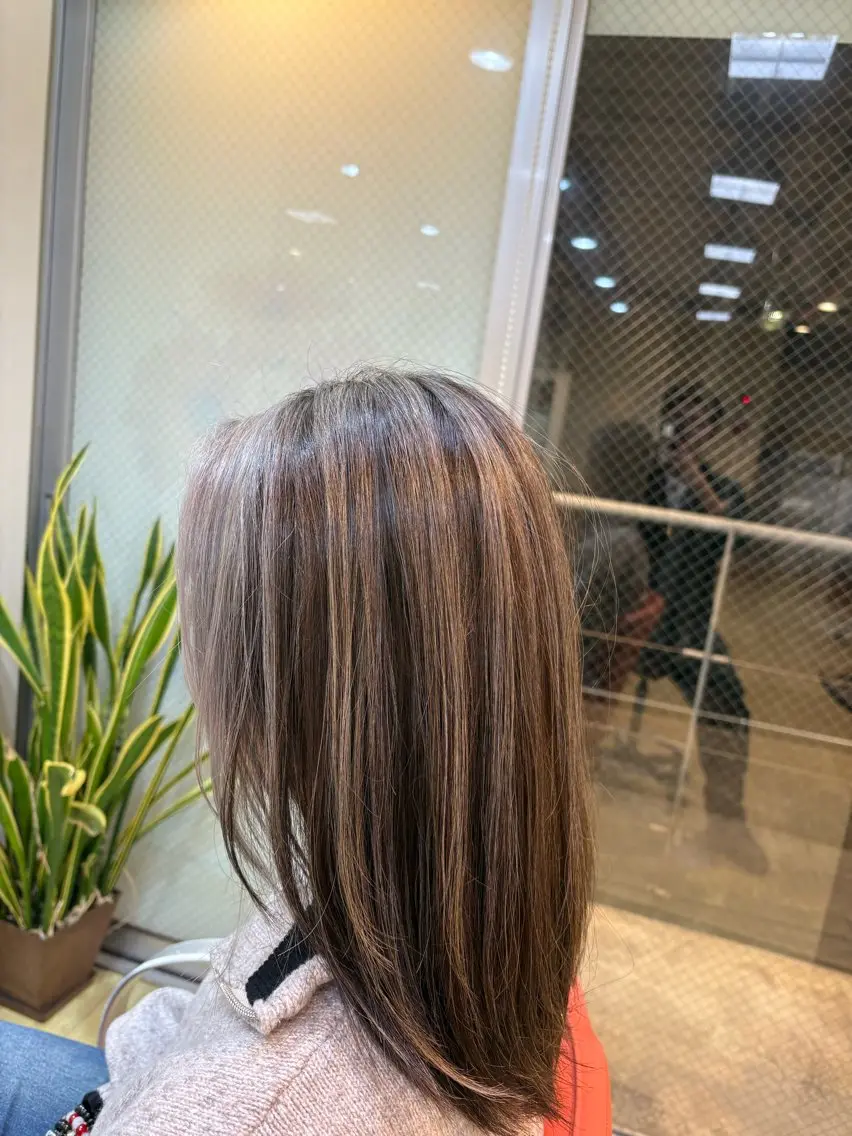セミロング カラー グレージュ ハイライトカラー ハイライト レイヤーカット 清宮 隼翔のヘアスタイル