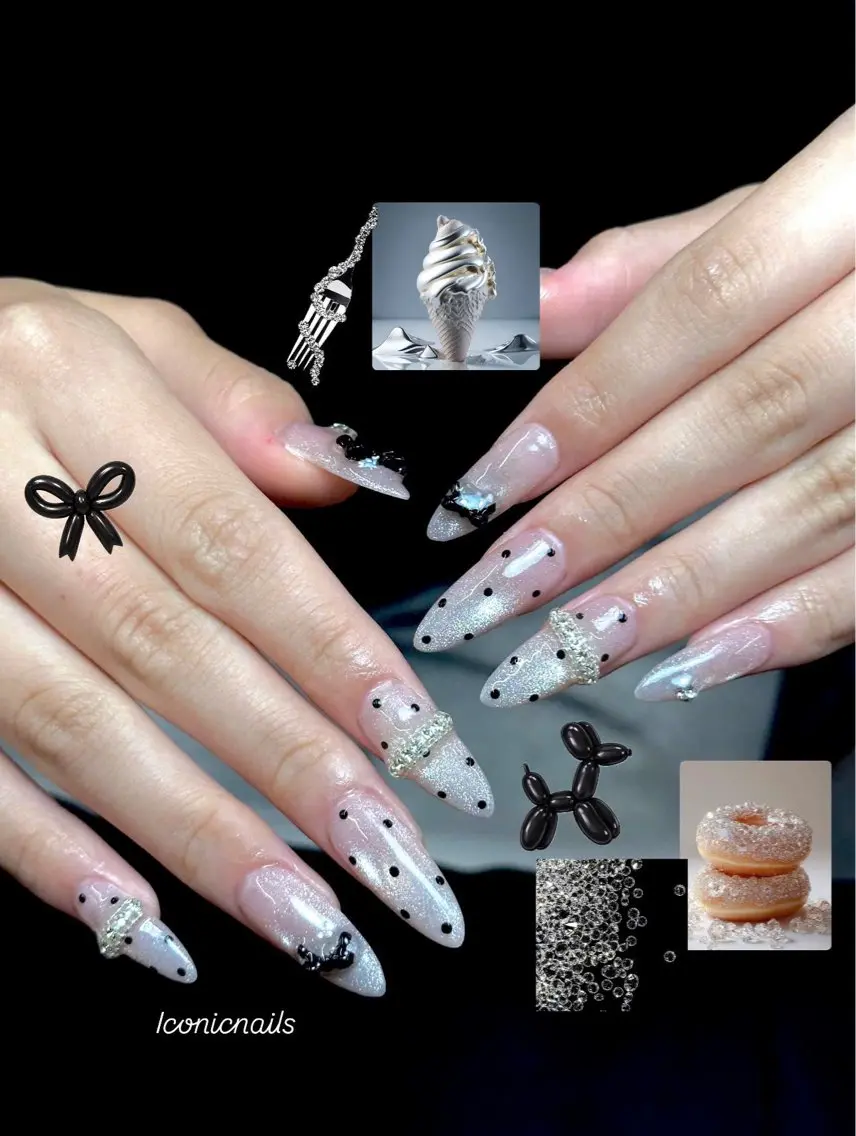 ネイル ドット キラキラネイル 持ち込み リボン シルバー Iconic Nailのネイルデザイン