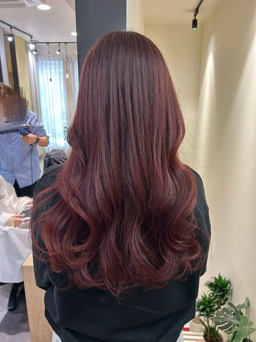ロング カラー ブリーチ ボルドーカラー ダブルカラー ブリーチなしカラー レッドカラー カット ヘアカラー トリートメント hubhair レイヤー/透明感のヘアスタイル