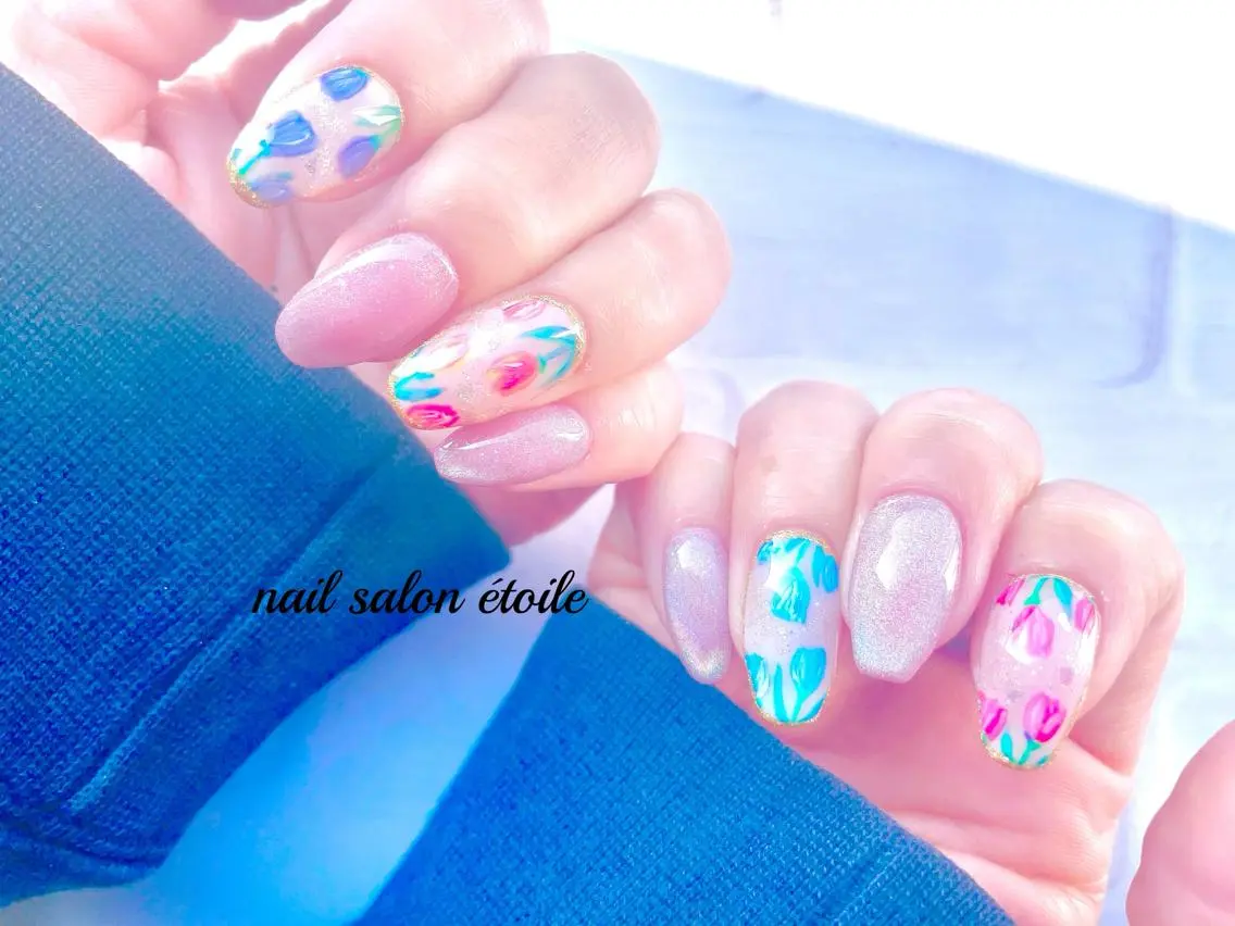 ネイル オーロラネイル フラワーネイル ジェルネイル マグネットネイル 春ネイル ハンドネイル nail salon étoileのネイルデザイン
