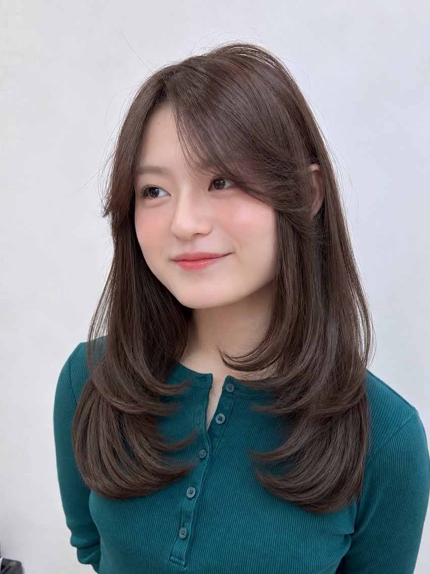 ロング カット ヘアカラー トリートメント ヘアセット 韓国風レイヤーカラー ライムのヘアスタイル