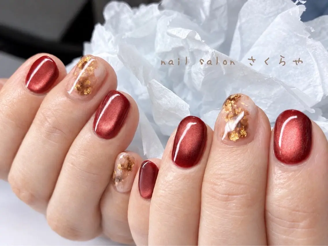 ネイル ボルドー ジェルネイル ラメ(グリッター) マグネットネイル マットネイル さくらや❤ パラジェル使用のネイルデザイン