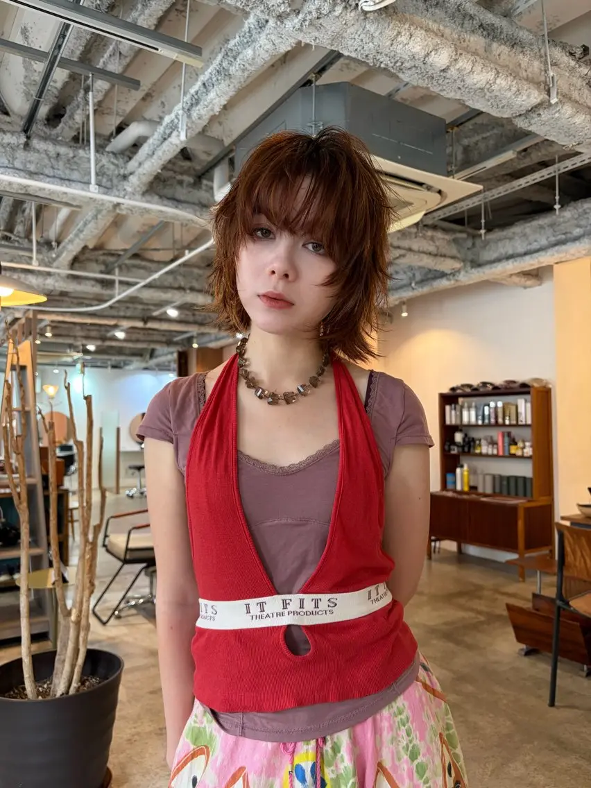 ミディアム カラー ブラウンカラー オレンジ オレンジブラウン ボブ 顔周りカット カット ヘアカラー yu maのヘアスタイル