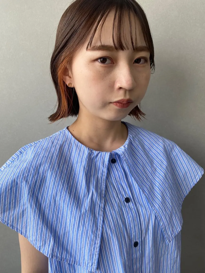 ショート カラー ブリーチ ダブルカラー インナーカラー オレンジ ボブ -福岡博多筑紫口- 大津成美のヘアスタイル