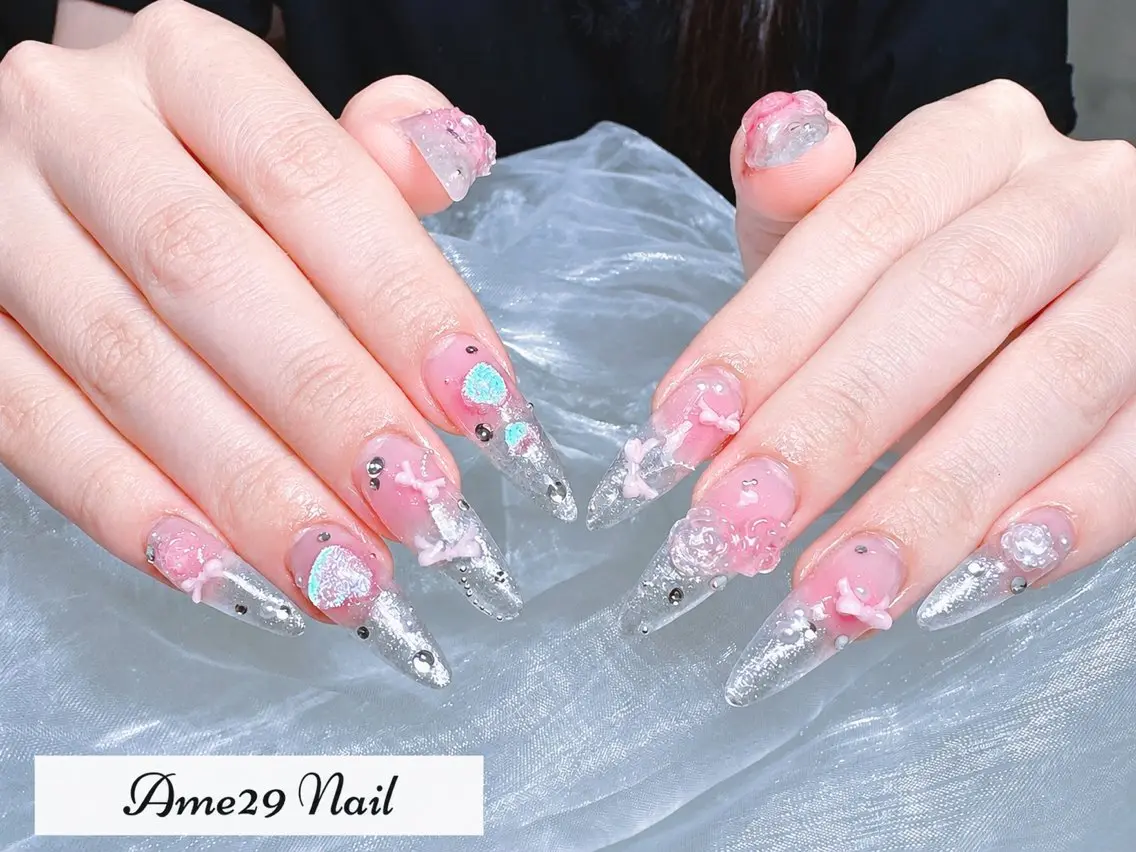 ネイル フラワーネイル ロングネイル オフィスネイル ピンク ピンクベージュ AME29 Nail ネイルサロンのネイルデザイン