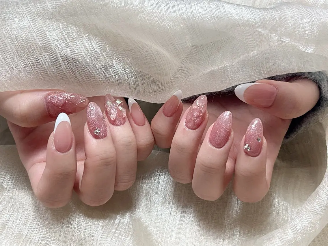 ネイル フレンチネイル ジェルネイル ガラスフレンチ 韓国ネイル マグネットネイル ハンドネイル Nail Jolieのネイルデザイン