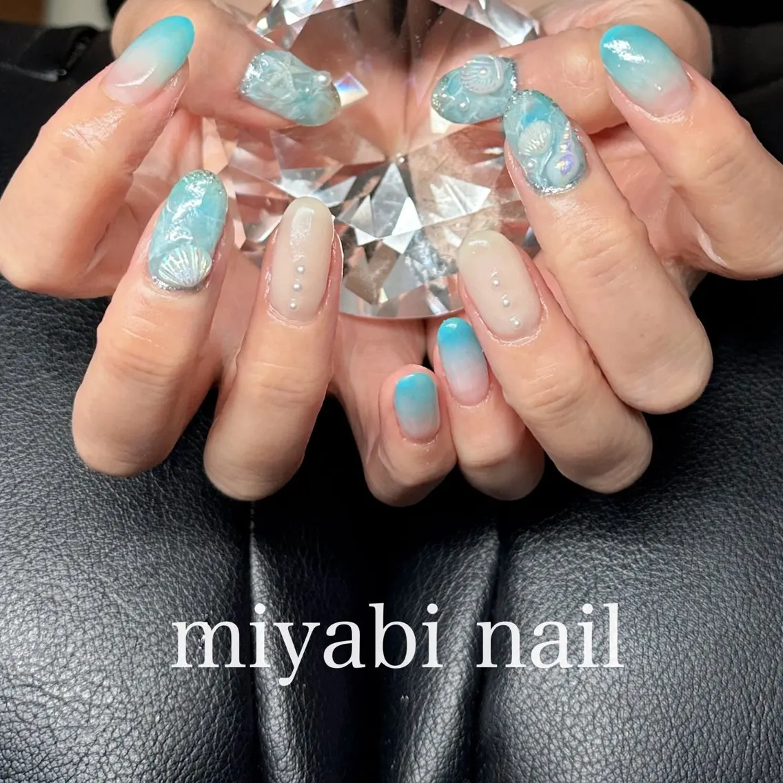 ネイル ブルー グラデーション 大理石ネイル(マーブル) 持ち込み 夏ネイル ハンドネイル miyabi nail 桂川駅近くのネイルデザイン