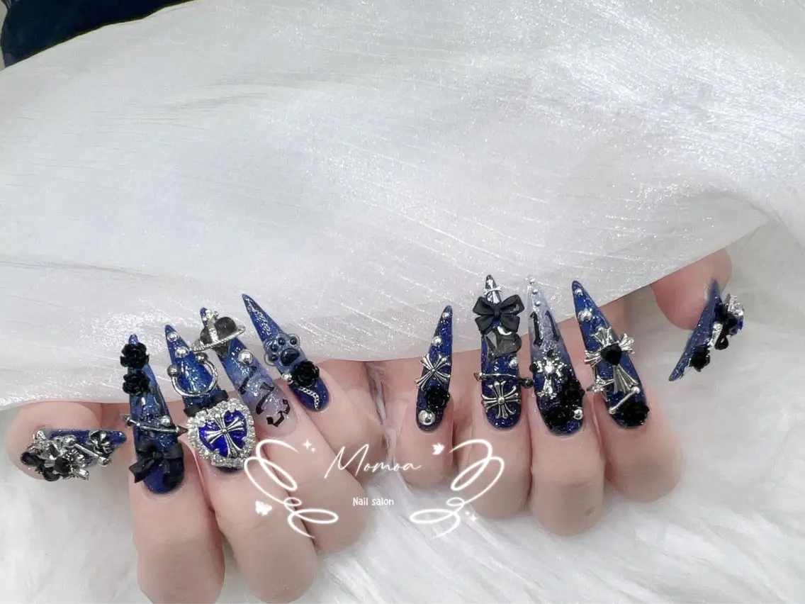 ネイル 成人式 大理石ネイル(マーブル) リボン 夏ネイル ネイルチップ ハンドネイル MoMoA Nail ネイル長さ出し専門店のネイルデザイン