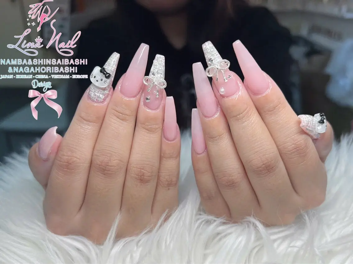 ネイル 長さ出し リボン ネイルチップ ツイードネイル リナネイル アメ村心斎橋店のネイルデザイン