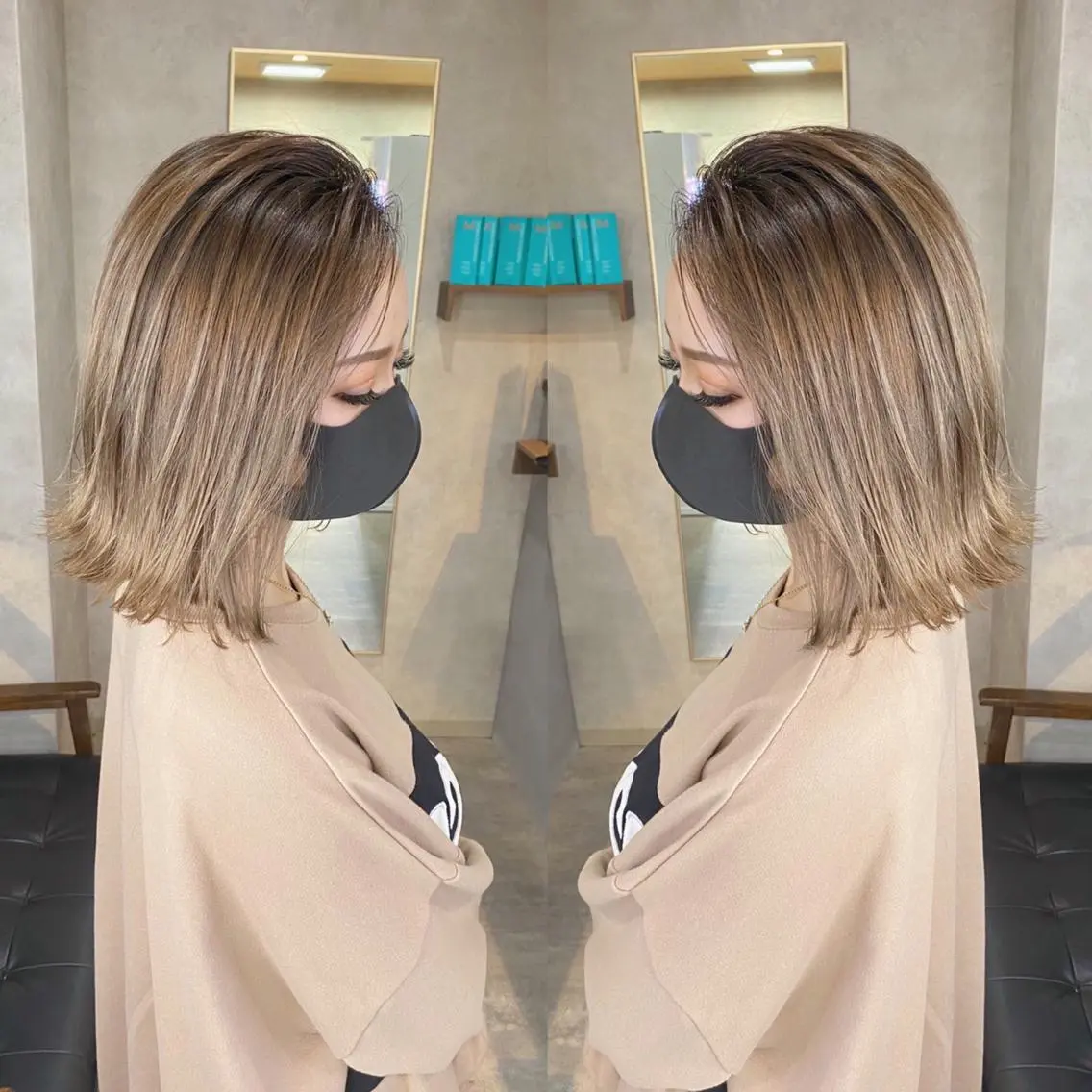 ミディアム カラー ダブルカラー ボブ 外ハネヘア カット ヘアカラー トリートメント ショート⭐️ブリーチ ⭐️木村康二⭐️のヘアスタイル