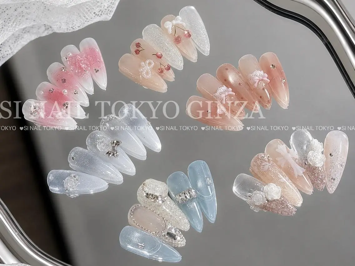 ネイル 韓国ネイル ロングネイル リボン ワンホンネイル SI NAILのネイルデザイン