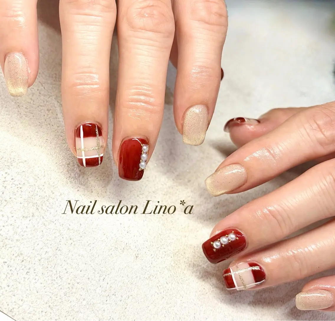ネイル ボルドー ラメ(グリッター) マグネットネイル 冬ネイル ハンドネイル Nail salon Lino*aのネイルデザイン