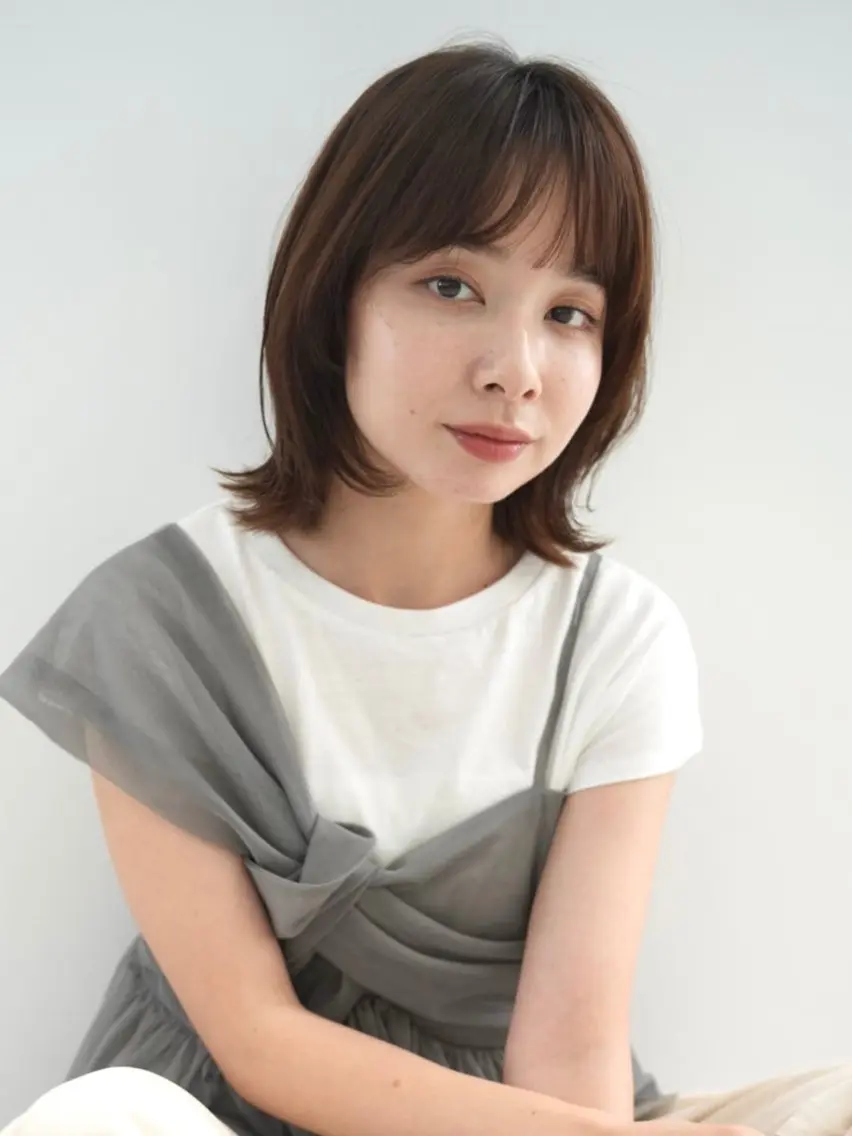 ミディアム ボブレイヤー ボブ 顔まわりレイヤー レイヤーカット 外ハネヘア カット ヘアカラー トリートメント 高木 麻知子のヘアスタイル