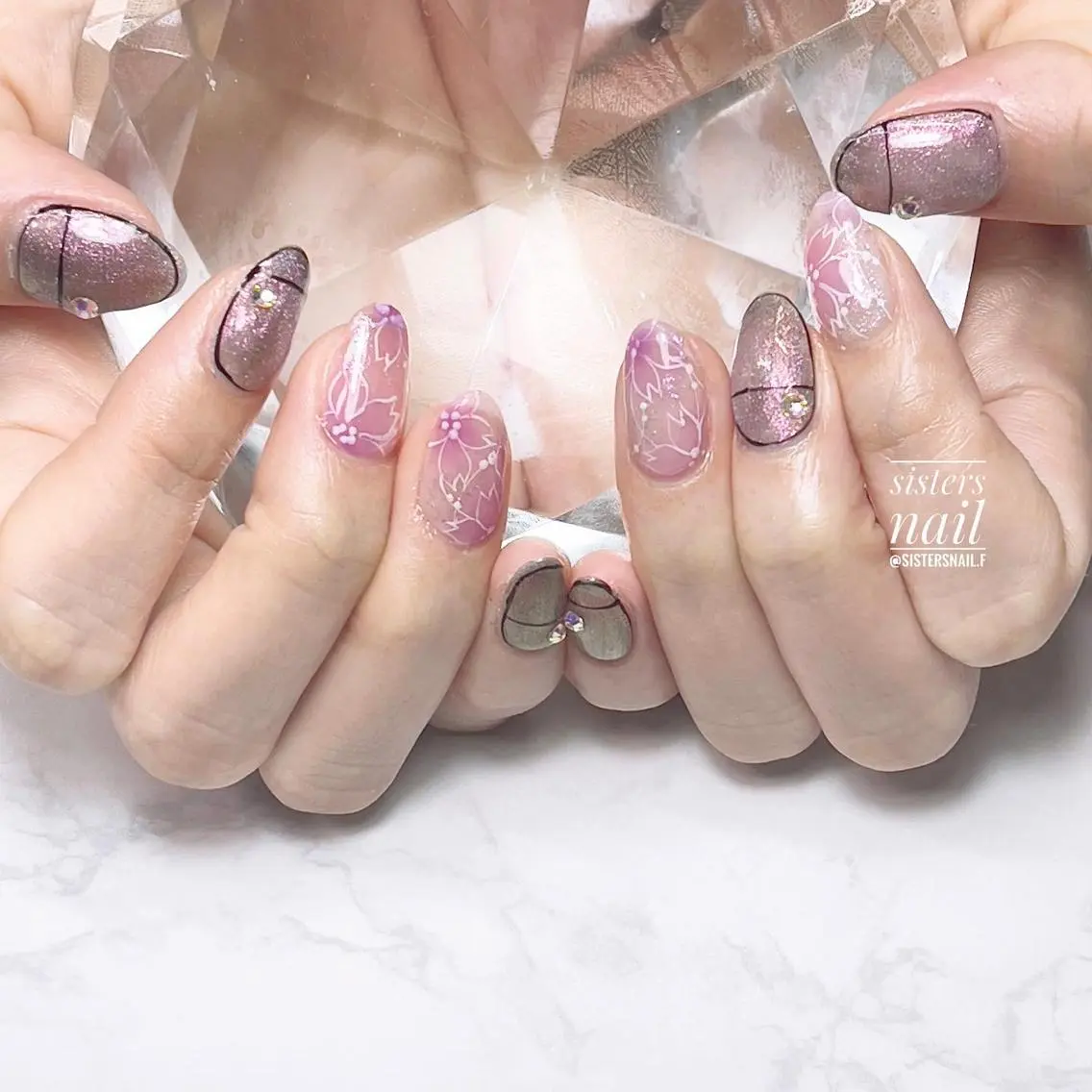 ネイル アートネイル オーロラネイル 桜ネイル 入学式 フラワーネイル sisters nail.fのネイルデザイン