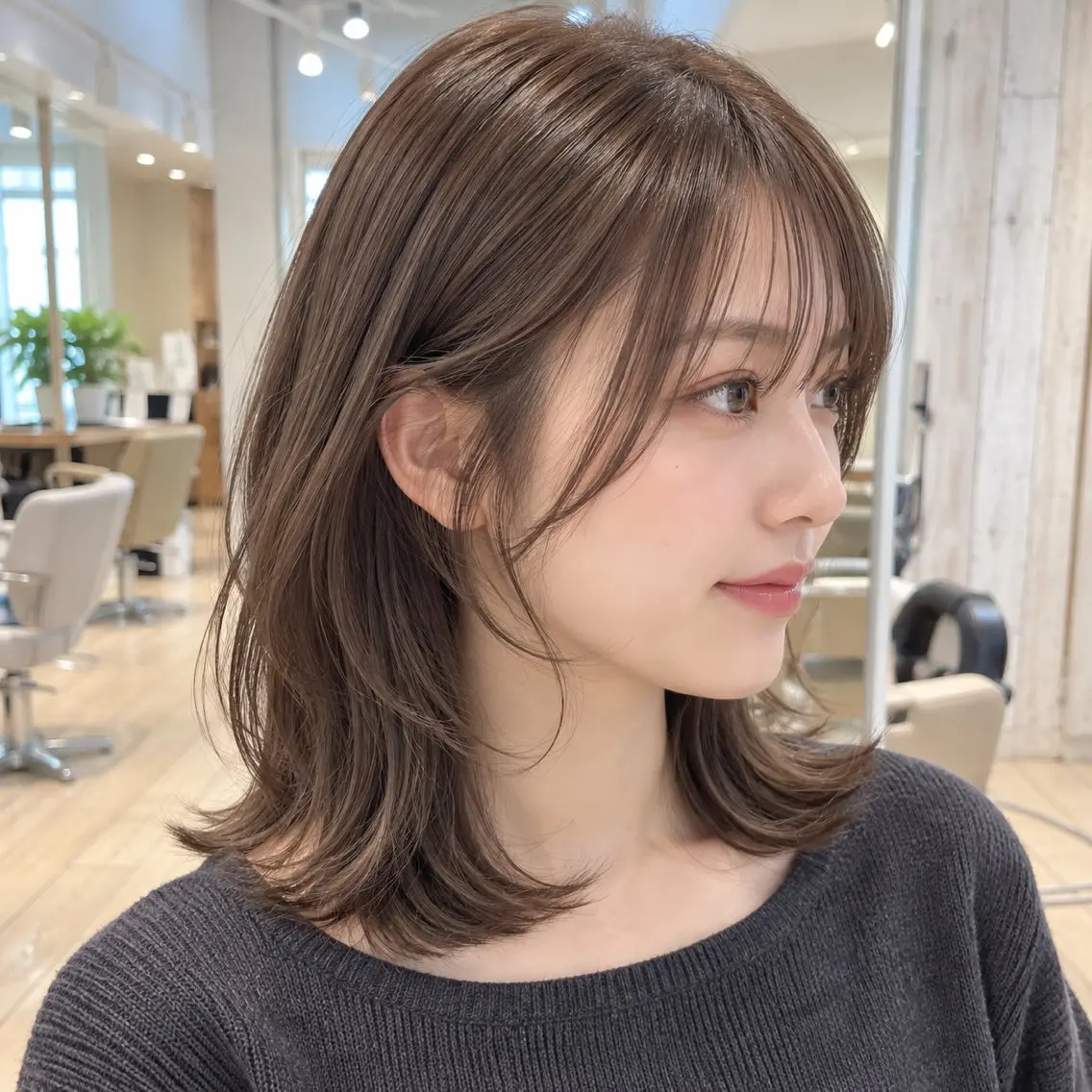 ミディアム カラー 伸ばしかけ 顔周りレイヤー/透明 感カラー/難波雄雅のヘアスタイル