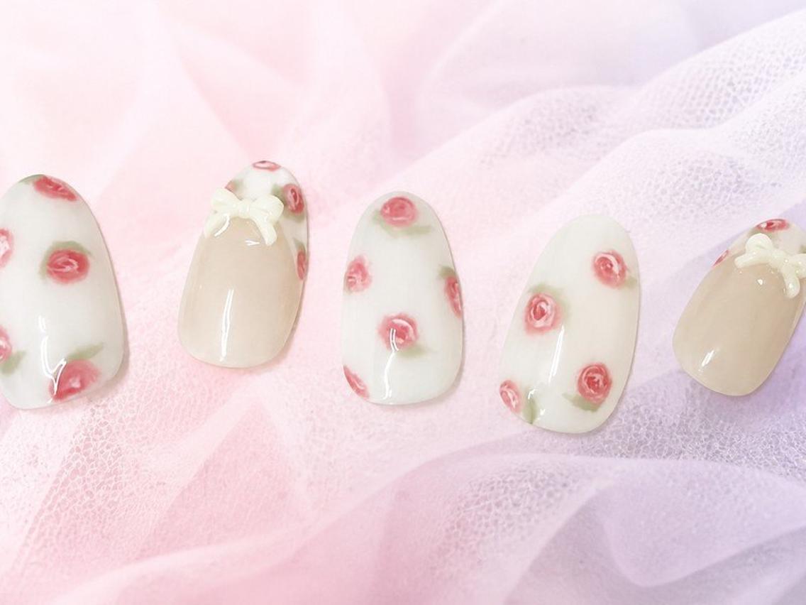 ネイル リボン 春ネイル ハンドネイル Lili Nail Studio西荻窪店のネイルデザイン