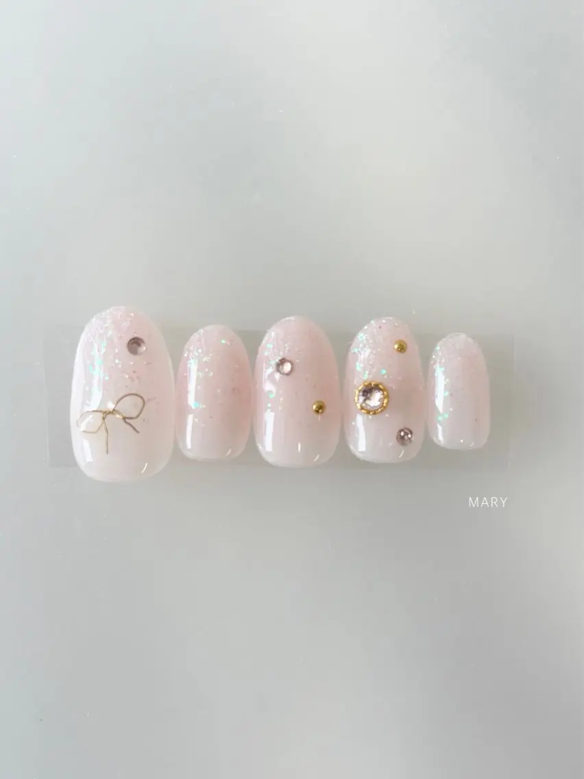 ネイル キラキラネイル ピンク リボン ハンドネイル Mary nail .narumiのネイルデザイン